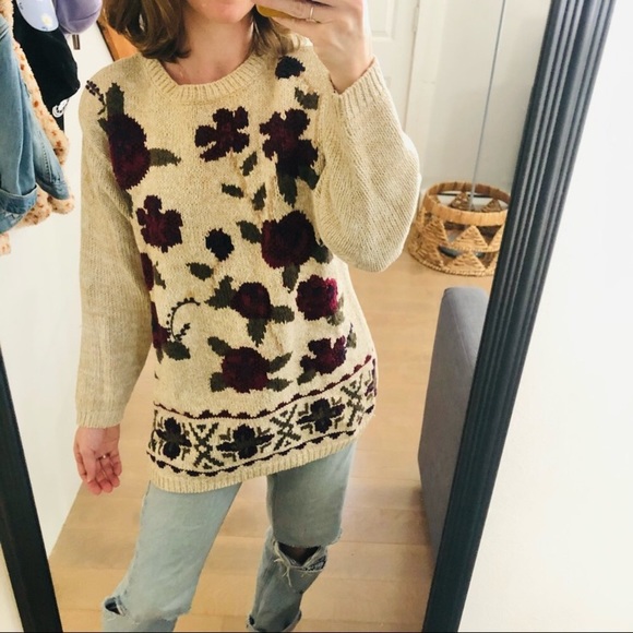 Authentic Original Vintage Style Sweaters - Vintage Hand Knit Thick Rose Cream Floral Sweater